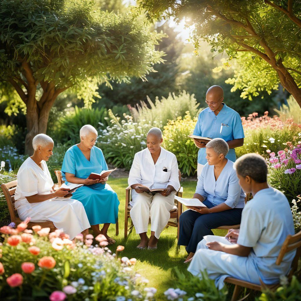 A serene scene depicting a diverse group of cancer patients gathered in a sunlit garden, sharing stories and support. One person is reading a resource guide while others listen intently, symbolizing hope and community. Vibrant flowers bloom around them, symbolizing resilience and growth. A clear blue sky overhead reflects optimism and healing. soft focus. warm colors. uplifting atmosphere.