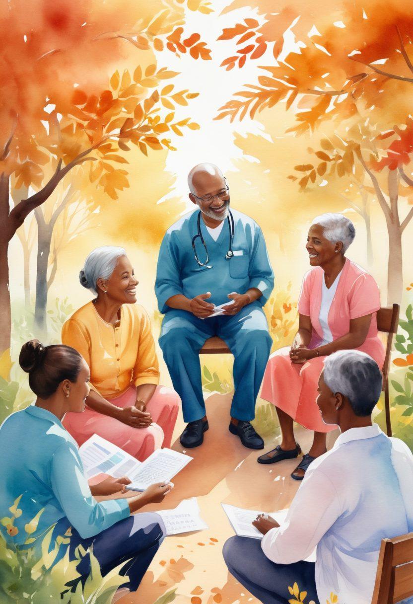 A compassionate scene depicting a diverse group of patients and healthcare professionals engaged in a supportive discussion about cancer treatment. Include educational materials such as brochures and charts, surrounded by warm, inviting colors that convey hope and empowerment. Incorporate elements of nature, such as soft sunlight filtering through leaves, to symbolize growth and healing. Illustrate a sense of community with gentle smiles and attentive listening. watercolor style. warm tones. inspirational.